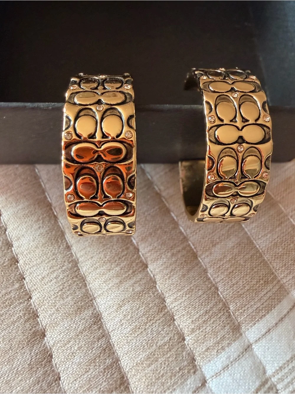 Coach Gold Logo-Pattern Hoop Earrings with Crystal Accents